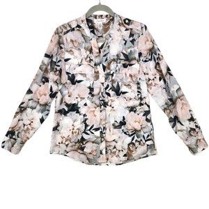 Calvin Klein Womens Size Small Pink Floral Blouse Button Front Long Sleeve Shirt
